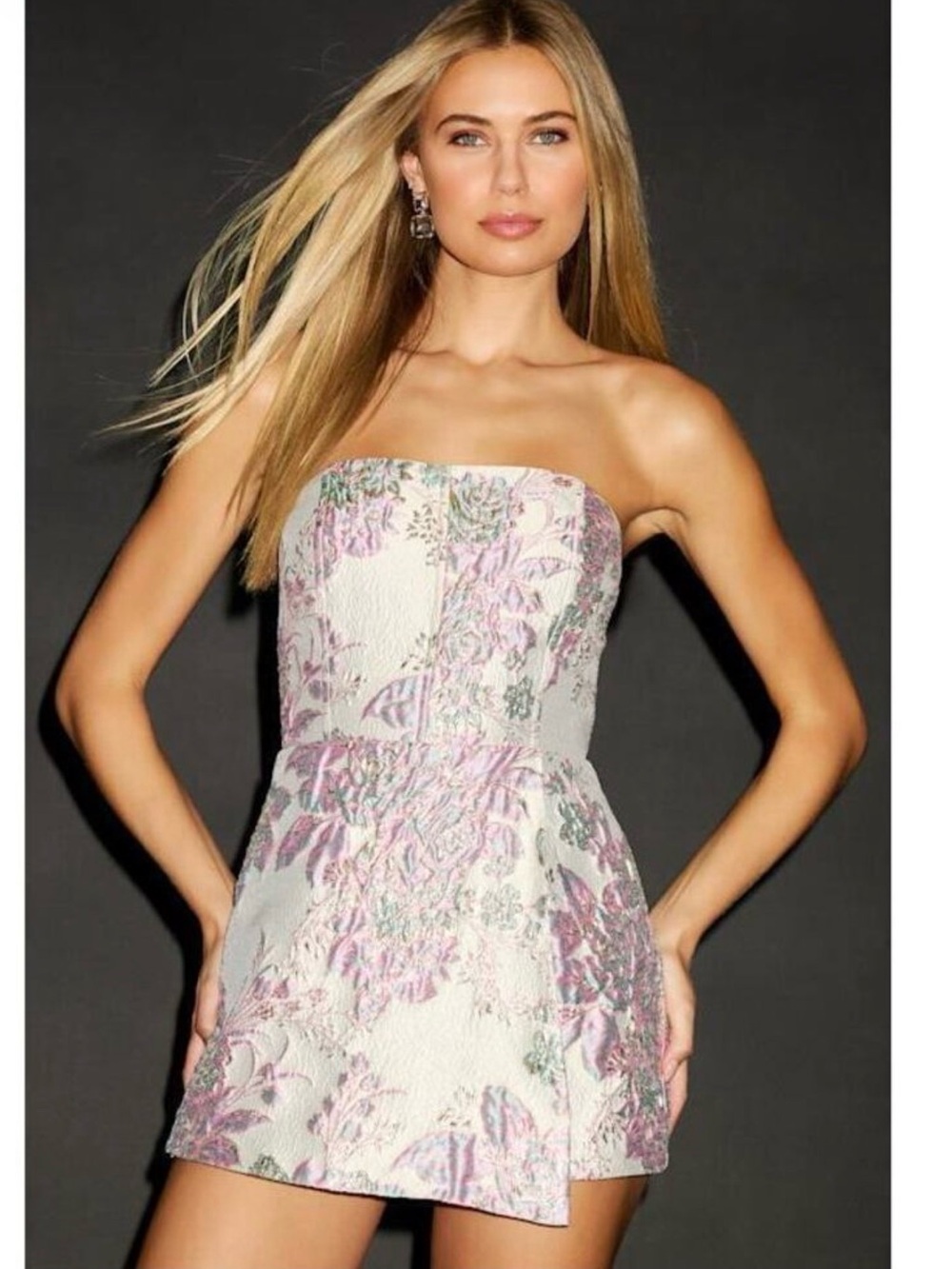 Lulu's Pink Floral Jacquard Cream Party Dress